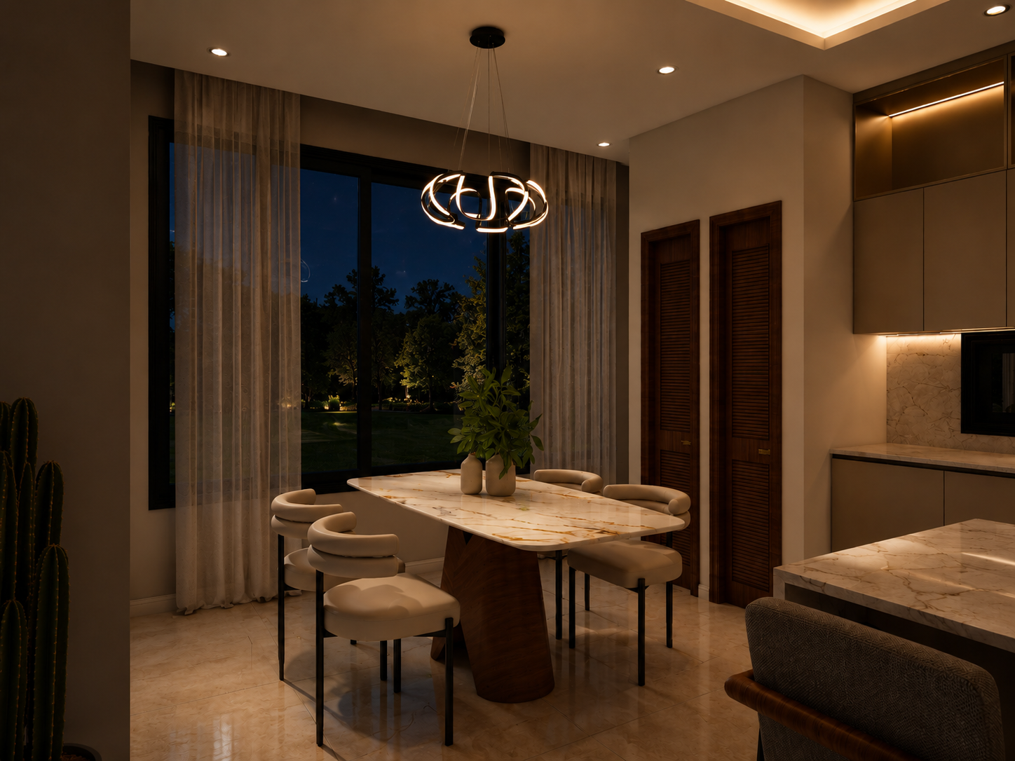 The Meridian condo dining and breakfast bar, night